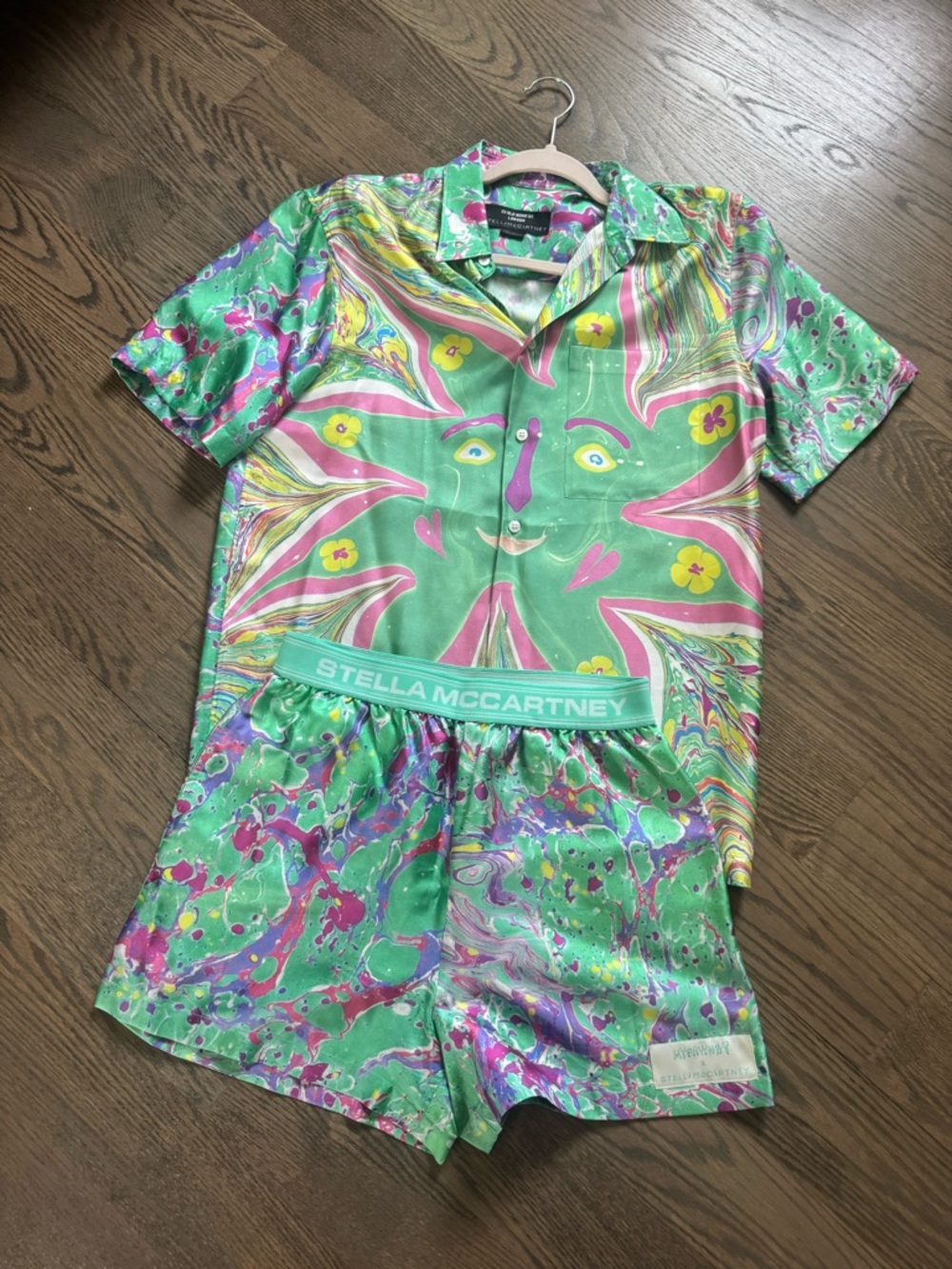 Stella McCartney x myfawnwy Green silk SET unisex shirt xxs and shorts xs